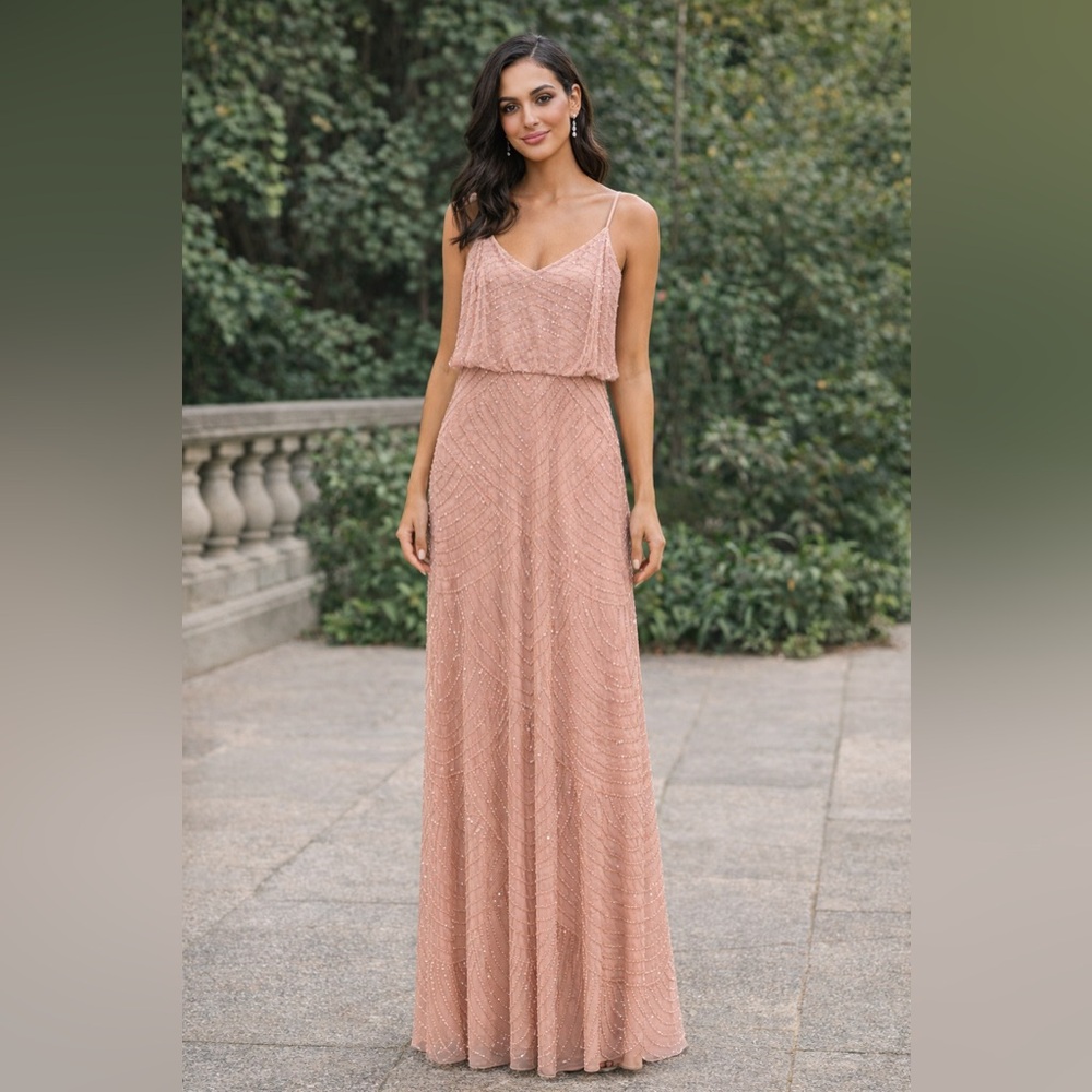 Adrianna Papell Blush Beaded Gown Size 8 Formal Evening Dress Art Deco Black Tie